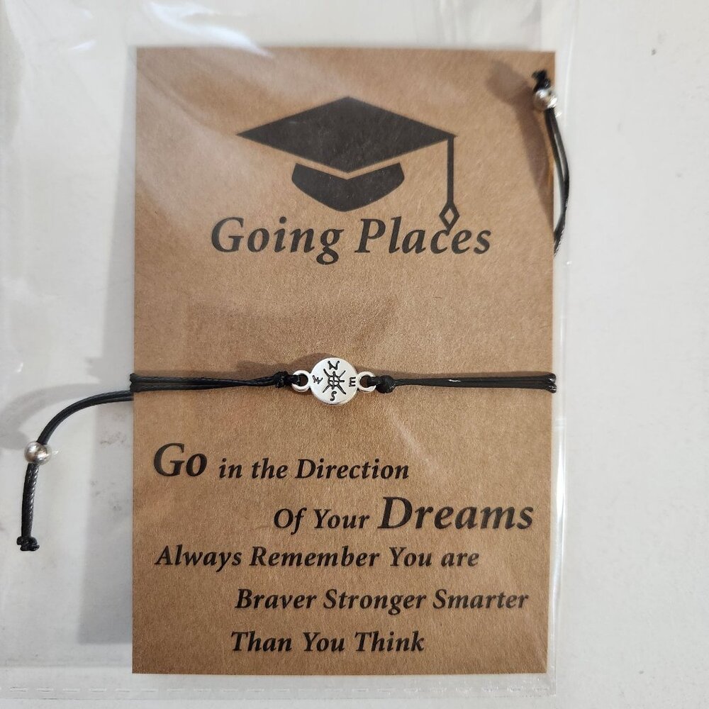 Graduation Compass Bracelet With Adjustable Black Cord & Inspirational Quote Car